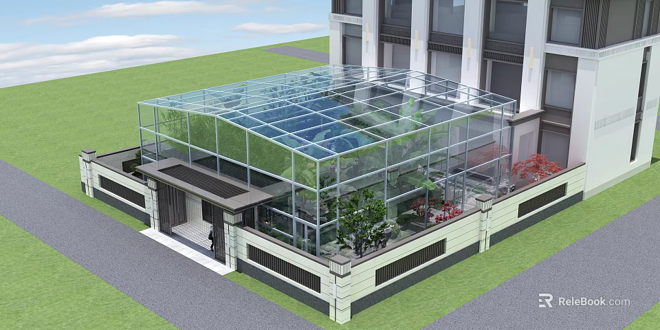 Modern Glass Canopy Structure at Building Entrance with Green Plants and Lawn 3d model 