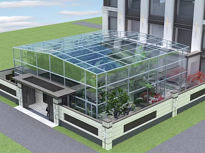 Modern Glass Canopy Structure at Building Entrance with Green Plants and Lawn 3d model