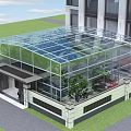 Modern Glass Canopy Structure at Building Entrance with Green Plants and Lawn