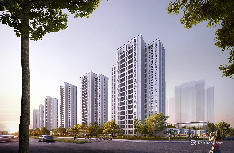 Modern High Rise Residential Buildings Exterior Design With Green Trees And Road 3d model 