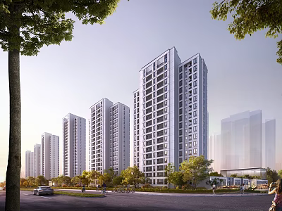 Modern High Rise Residential Buildings Exterior Design With Green Trees And Road 3d model