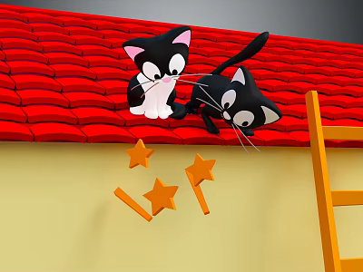 Two Black Cats Playing On Red Roof With Falling Stars And Wooden Ladder 3d model