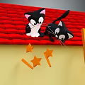 Two Black Cats Playing On Red Roof With Falling Stars And Wooden Ladder