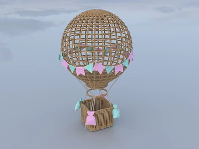 Wicker Hot Air Balloon Play Equipment With Pink Light Blue Bunting Flags And Small Basket 3d model