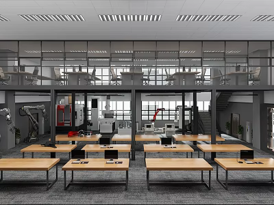 Modern Two Level Laboratory With Wooden Workbenches Desktop Computers And Robotic Arms 3d model
