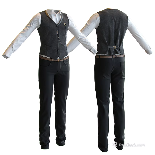 Men's Formal Vest Outfit With White Shirt Black Pants And Belt Front Back View 3d model 