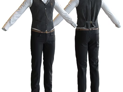 Men's Formal Vest Outfit With White Shirt Black Pants And Belt Front Back View 3d model