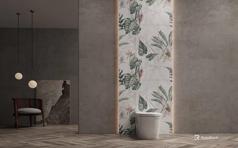 Modern Minimalist Bathroom Toilet Design With Plant-Patterned Tiles Gray Walls And Herringbone Flooring 3d model 