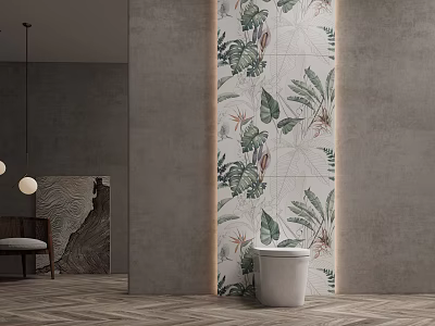 Modern Minimalist Bathroom Toilet Design With Plant-Patterned Tiles Gray Walls And Herringbone Flooring 3d model