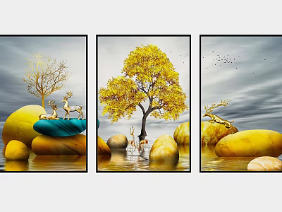 Three Panel Decorative Wall Art With Yellow Tree Deer Stones And Birds 3d model