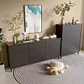 Modern Dark Grey Dressers With Decorative Plants Artwork And Round Woven Rug