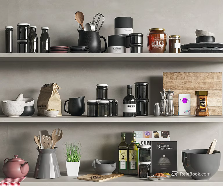 Kitchen Utensils Collection On Shelves With Jars Bottles Teapots Cups Bowls Spoons And Plant 3d model 