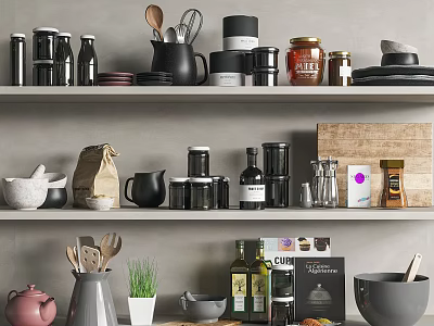 Kitchen Utensils Collection On Shelves With Jars Bottles Teapots Cups Bowls Spoons And Plant 3d model