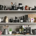 Kitchen Utensils Collection On Shelves With Jars Bottles Teapots Cups Bowls Spoons And Plant