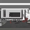 Modern Living Room Interior Design With White Sofa Red Chairs TV Stand And Gray Rug