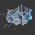 Cartoon Style 3D City Scene with Blue White Building Models and Reflections