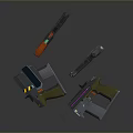 Futuristic Tactical Pistols With Different Orange Brown Gray Designs And Glowing Accents