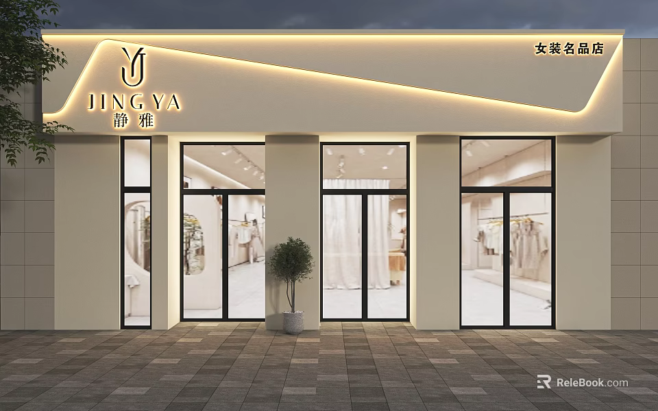 Elegant Modern Women's Clothing Storefront With Glass Windows And Designer Outfits 3d model 