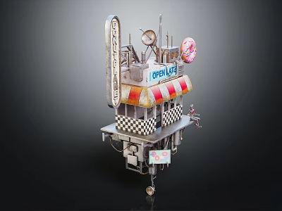 Cartoon Food Cart Scene With Lovely Signboard Donut Red White Striped Awning And Checkerboard Base 3d model