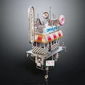 Cartoon Food Cart Scene With Lovely Signboard Donut Red White Striped Awning And Checkerboard Base