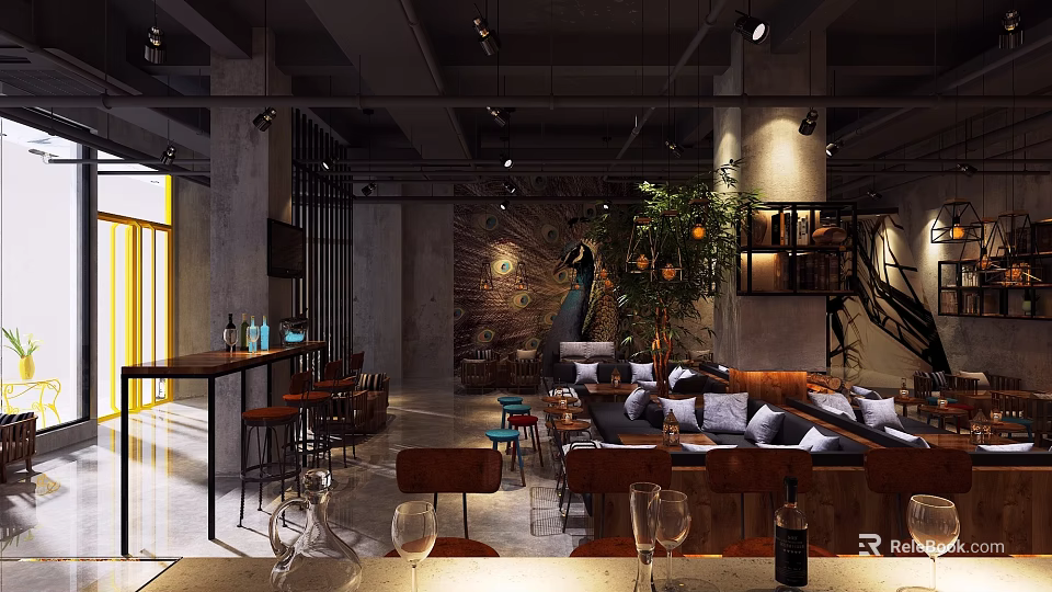 Modern Industrial Café Interior With Comfortable Sofas Tables And Decorative Plants 3d model