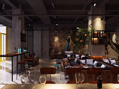 Modern Industrial Café Interior With Comfortable Sofas Tables And Decorative Plants 3d model
