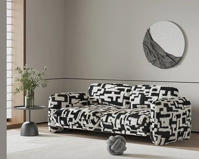 Two Seater Sofa With Black And White Geometric Pattern And Green Plant Round Mirror 3d model