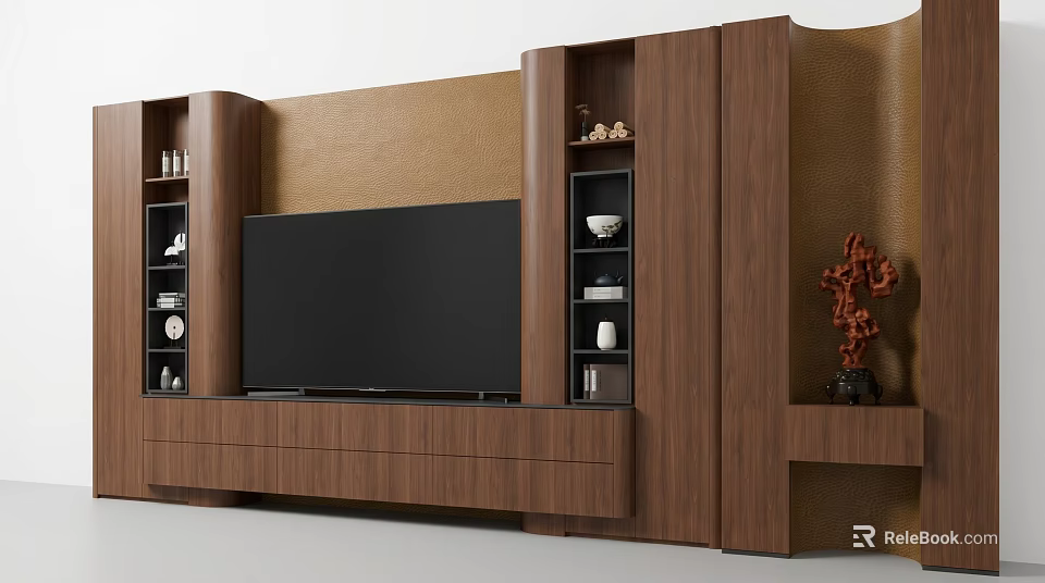 Wooden TV Stand With Storage Shelves TV And Decorative Items On Textured Wall 3d model 