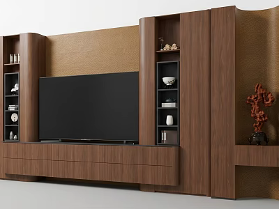 Wooden TV Stand With Storage Shelves TV And Decorative Items On Textured Wall 3d model