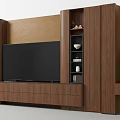 Wooden TV Stand With Storage Shelves TV And Decorative Items On Textured Wall