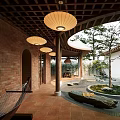 Tranquil Japanese Garden With Wooden Pavilion Pond Koi Fish Stones And Lotus Leaves