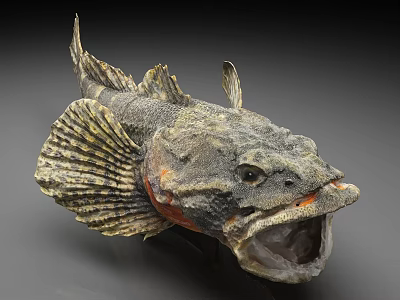 Detailed Realistic Fish Head Model with Rough Skin Open Mouth and Fins 3d model