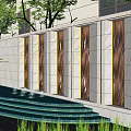 Modern Scenic Feature Wall In Landscape With Trees Stone Pathway And Lighting 3d model