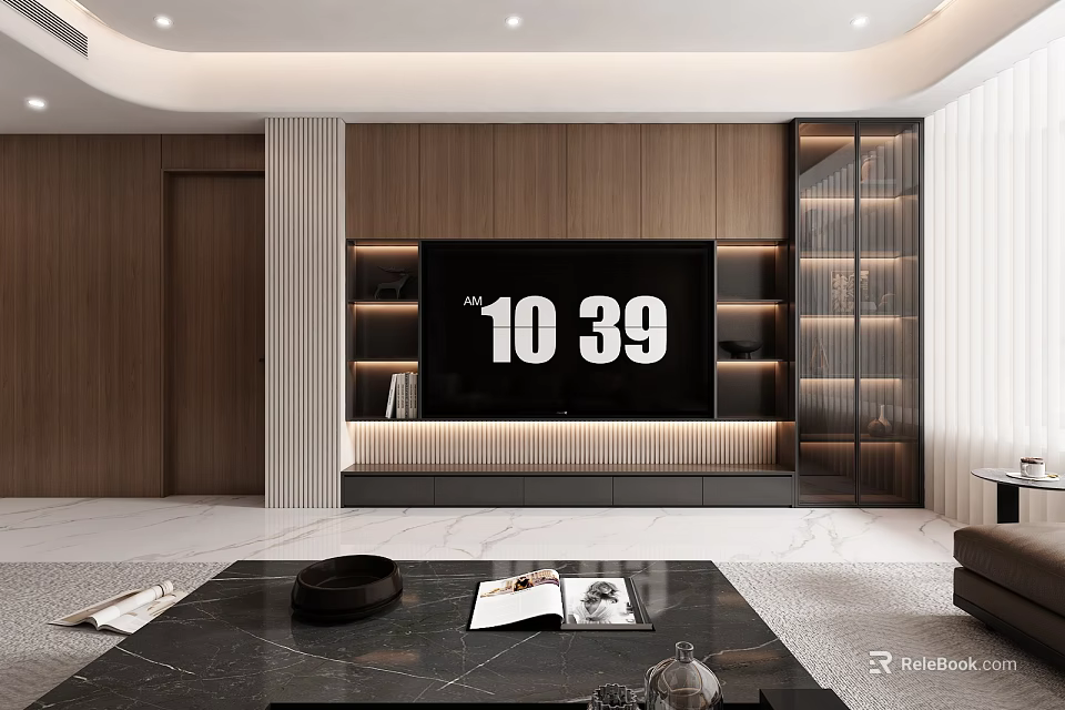 Modern Wooden TV Background Wall Design In Living Room With Storage Cabinets And Ambient Lighting 3d model 