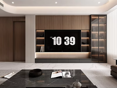 Modern Wooden TV Background Wall Design In Living Room With Storage Cabinets And Ambient Lighting 3d model