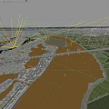 Aerial Landscape Of Wide Muddy River Crossed By Long Bridge Near Green Fields And Towns