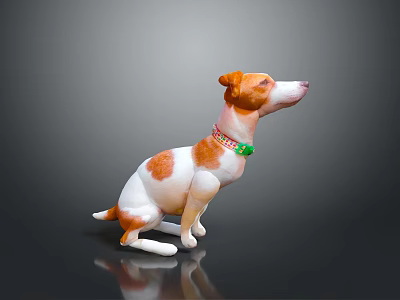 Brown and white sitting dog 3D model with green decorative collar on grey background 3d model