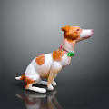 Brown and white sitting dog 3D model with green decorative collar on grey background