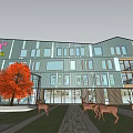 Modern Kindergarten Building with Glass Metal Facade Pink Cartoon Elements Outdoor Courtyard Red Tree Seating