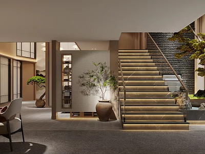 Traditional Tea House Interior With Stairs And Greenery 3d model