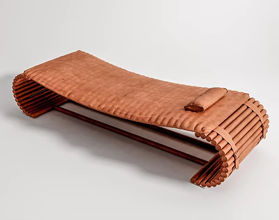 Brown Curved Footstool With Woven Edges And Small Leather Cushion Design 3d model