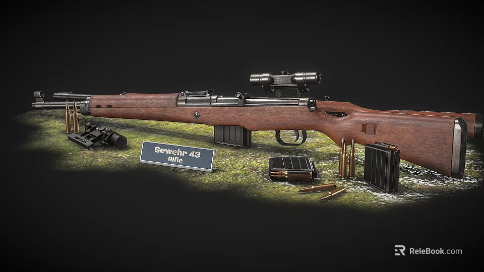Gewehr 43 Rifle With Wooden Stock Mounted Scope Magazines And Bullets 3d model 
