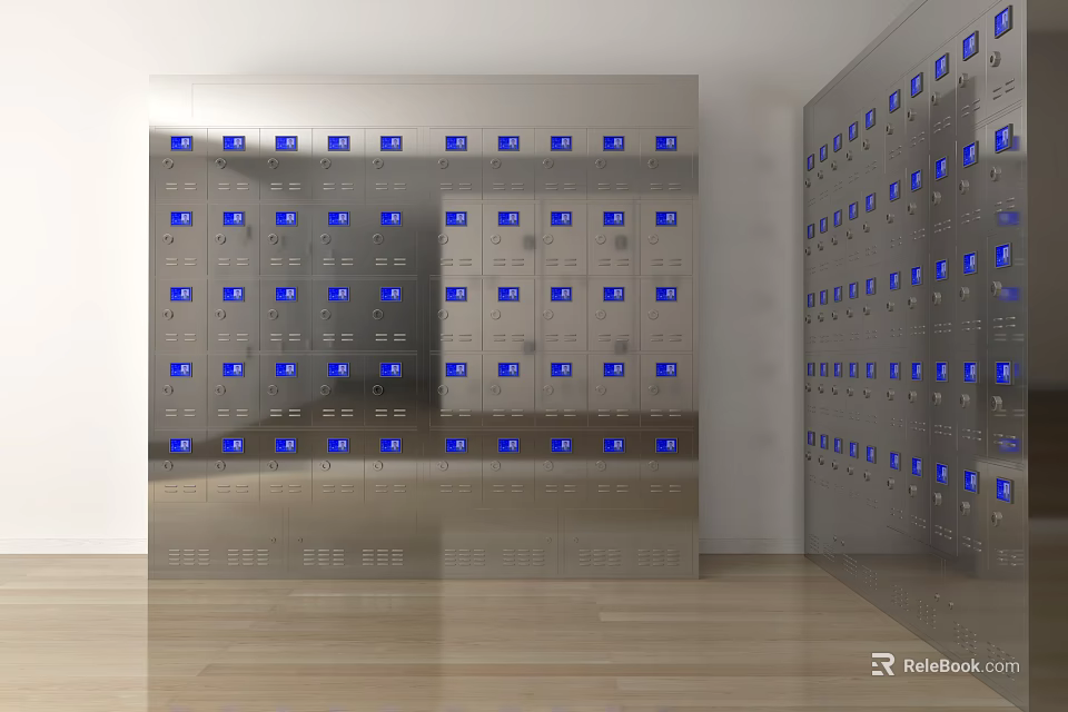 Public Facility Stainless Steel Lockers Featuring Blue Indicator Lights And Multiple Compartments 3d model 