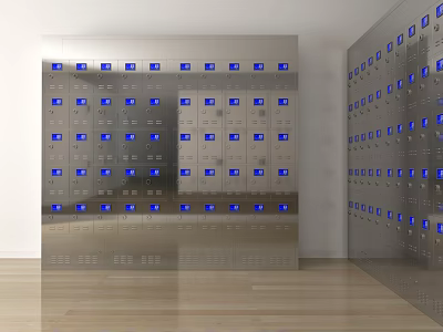 Public Facility Stainless Steel Lockers Featuring Blue Indicator Lights And Multiple Compartments 3d model