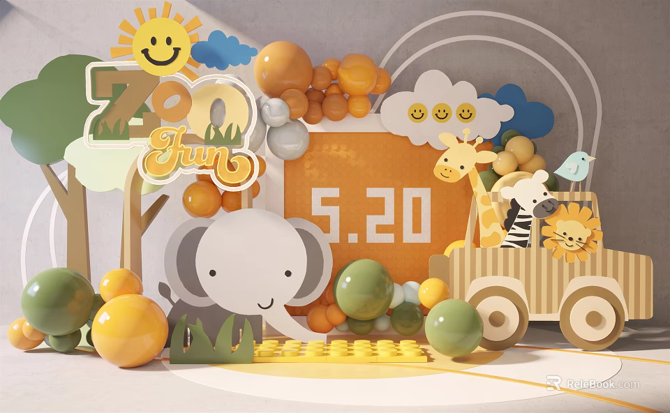 Zoo Fun Themed Decor With 5.20 Date Sun Balloons Giraffe Elephant And Toy Car 3d model 