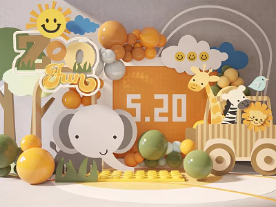 Zoo Fun Themed Decor With 5.20 Date Sun Balloons Giraffe Elephant And Toy Car 3d model