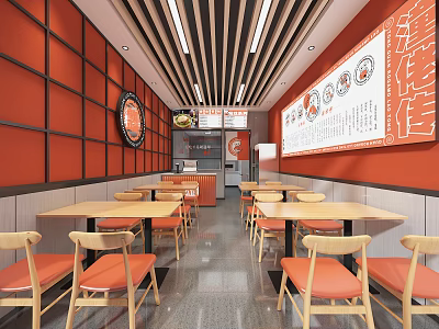 Stylish Restaurant Interior with Red Walls Wooden Tables Chairs and Open Layout 3d model