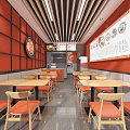 Stylish Restaurant Interior with Red Walls Wooden Tables Chairs and Open Layout