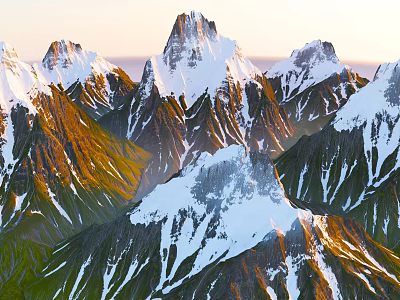 Breathtaking Snowy Mountain Landscape With Sunlit Golden Slopes And Snow Covered Peaks 3d model