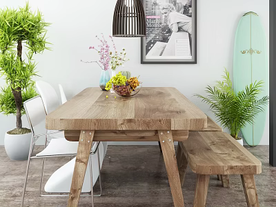 Rustic Wooden Dining Table Set With White Chairs Bench Hanging Lamp And Potted Plants 3d model